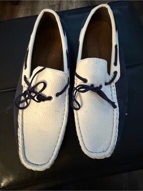 Franco Vanucci Mens White and Navy Leather Slip-On Boat Loafers 8